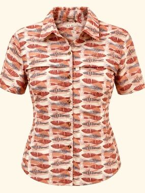 UPF50+ L.L. Bean Short-Sleeve Button Shirt in Coral and Blue Fish Print.Wms med